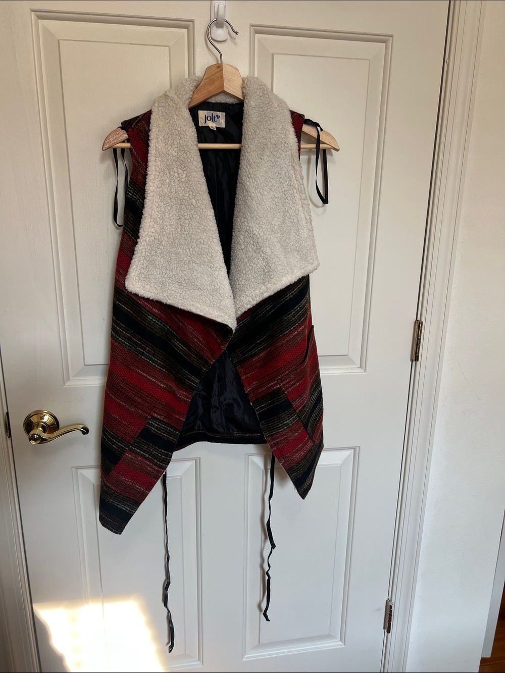 Jolt Red & Black Striped Sherpa-Lined Open Vest